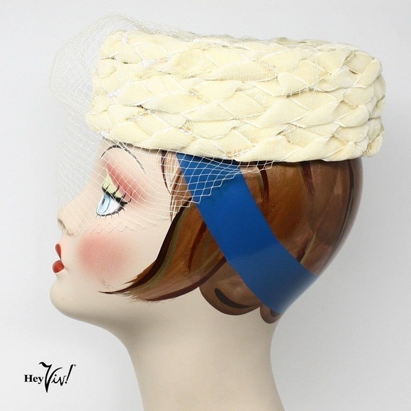 Vintage 1950s Velvet Ribbon Pill Box Hat w Veil and Iridescent Sequins - Hey Viv - Picture 2 of 7